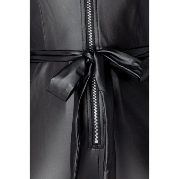 Black Vegan Leather Faux Leather Long Sleeve Belted Bodycon Jumpsuit Playsuit - Picture 15 of 17